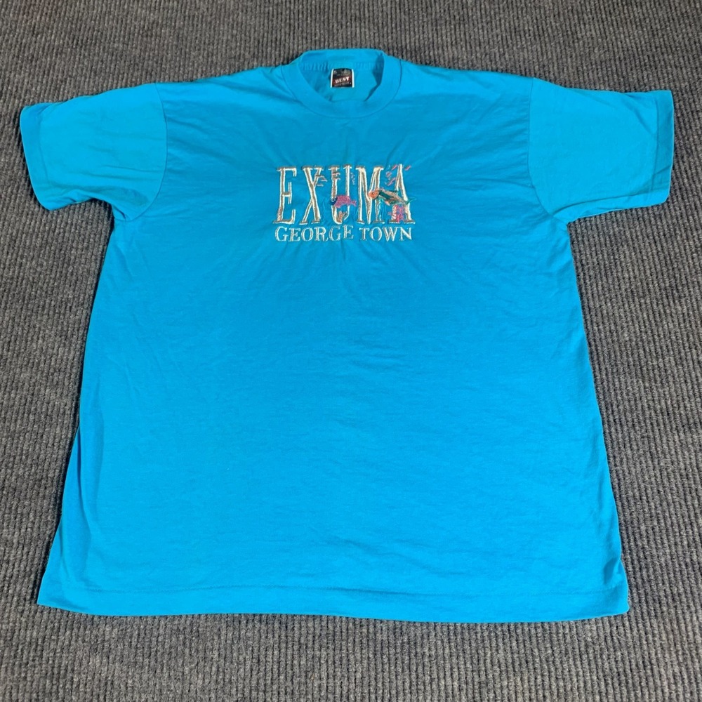 VTG Fruit of the Loom Best T Shirt Mens XL Blue Single Stitch Exuma Georgetown‎